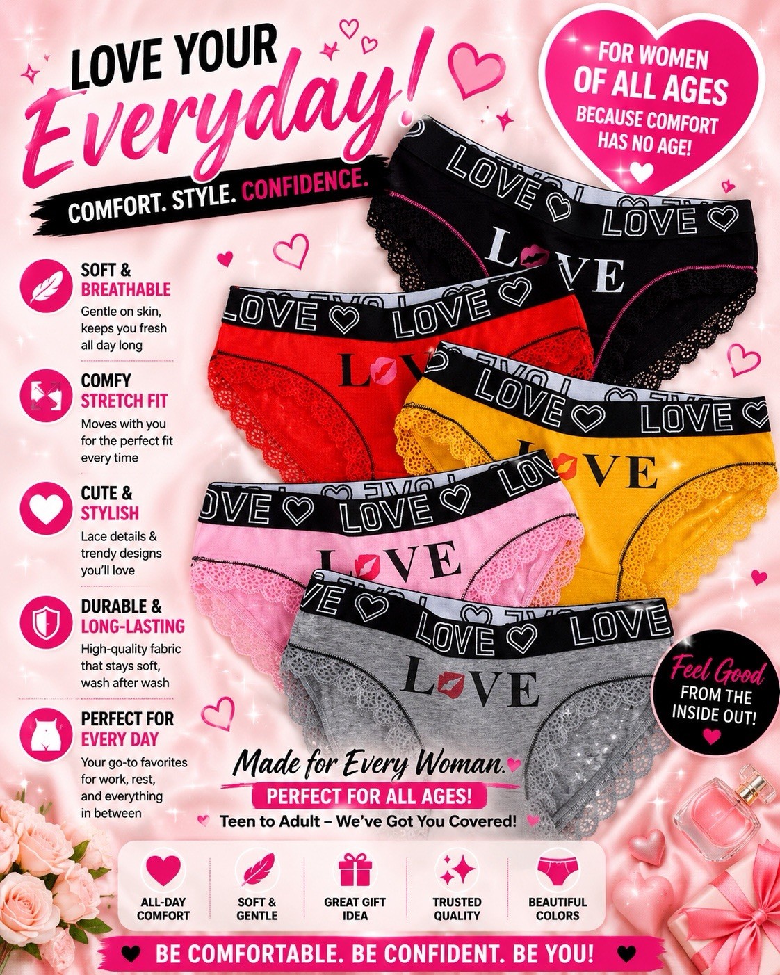 Women’s Love Heart Print Briefs Bikini Panties Lace Yellow Red Pink 5pk Large