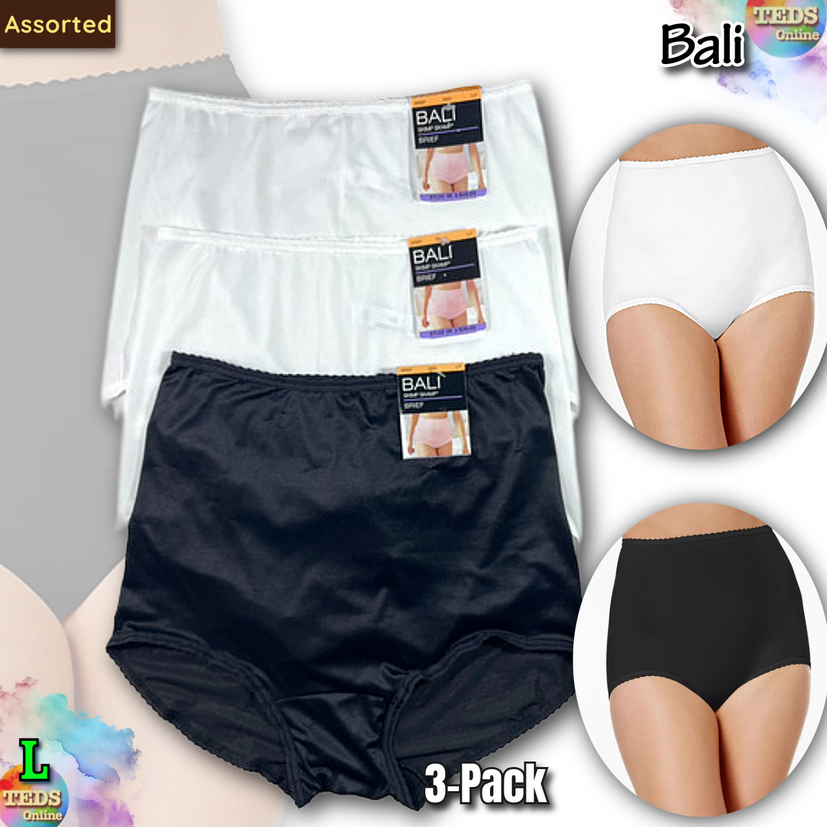 NWT 3-Pack Bali Women’s L /7 Skimp Skamp Brief Panties Underwear 2633 Assorted