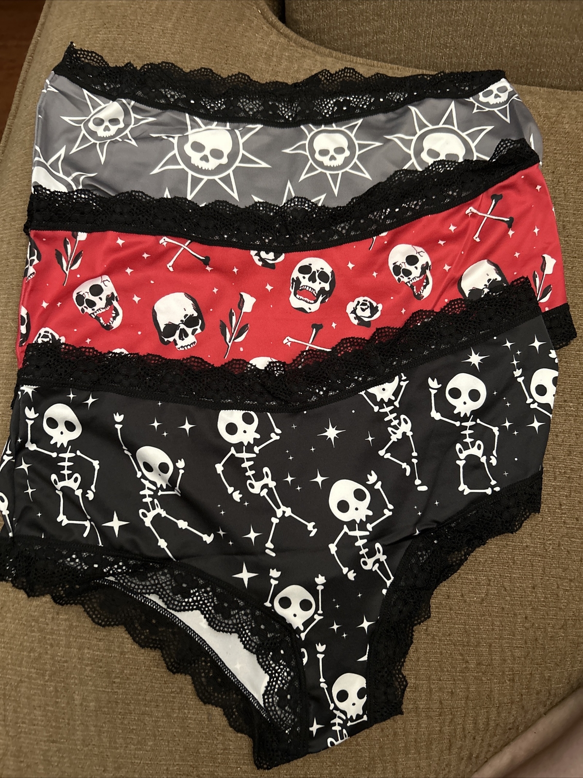 Morvia 3pk lace trim cheeky goth Emo panties L skull And Bones Lingerie