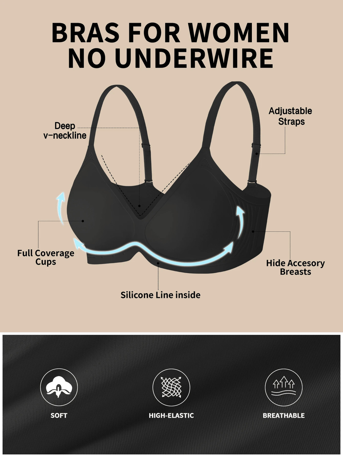 Ladies Plus Size Jelly Strappy Soft Support Bra Wireless Padded Cheap24