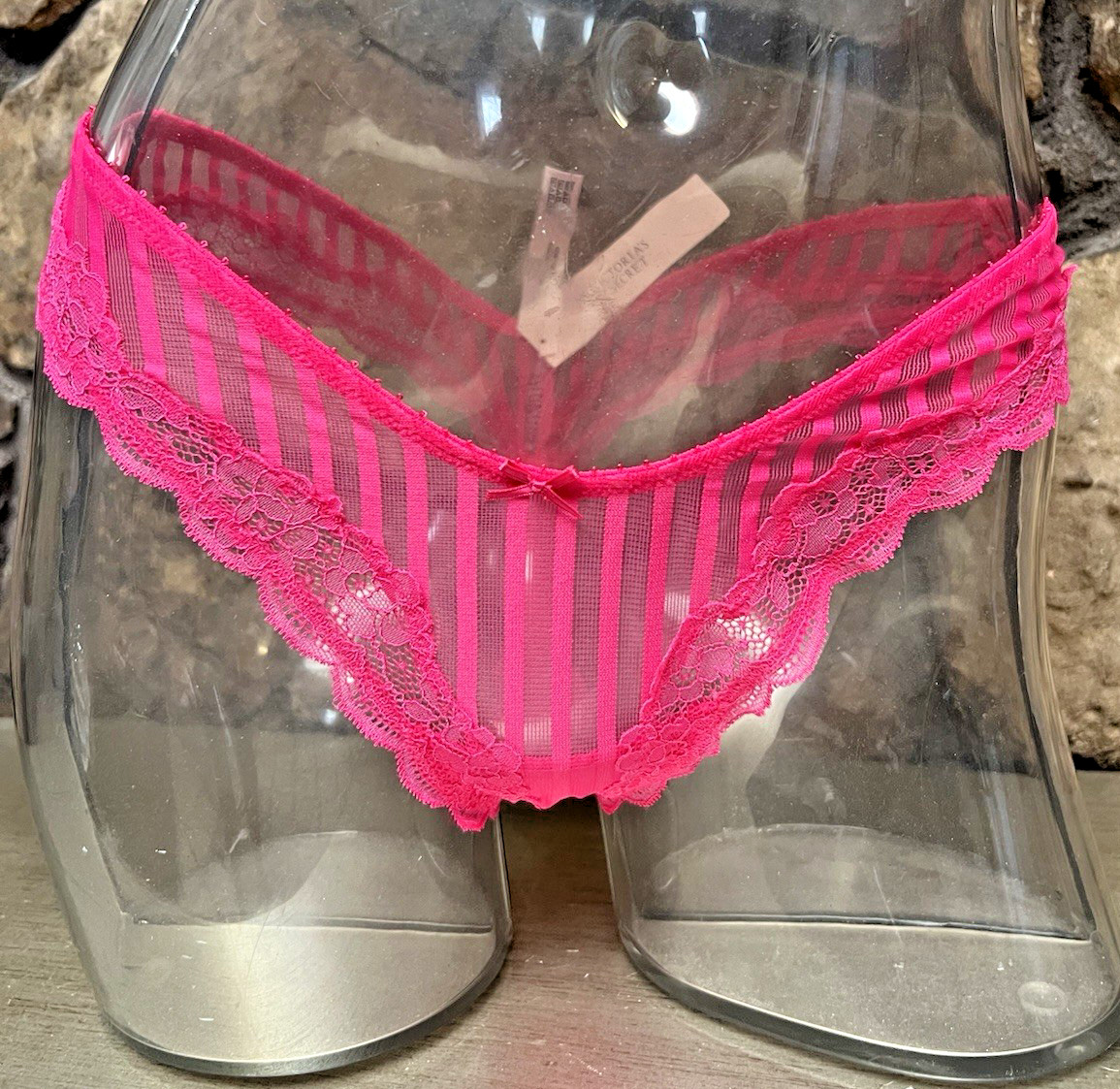Victoria’s Secret Sheer Stripe Lace Trim THONG Panty Sz M ENCHANTED PINK NWT