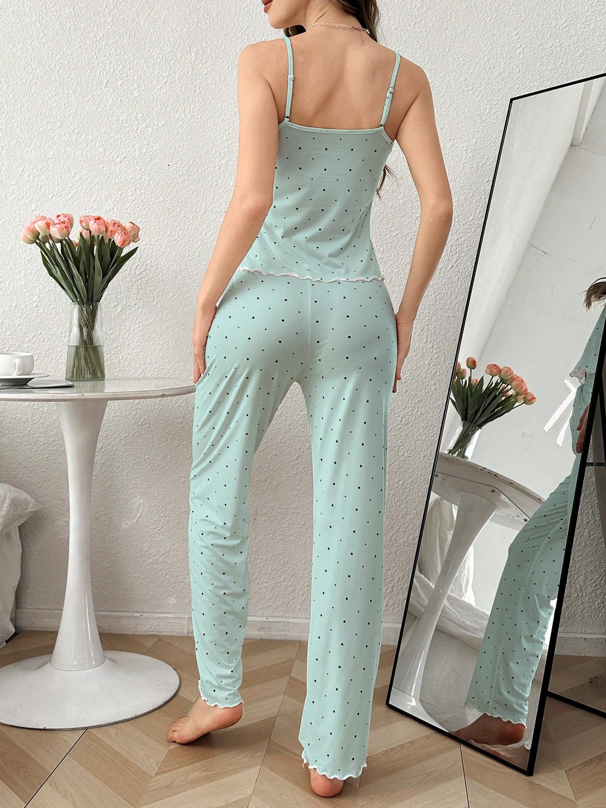 DUSKBASE Ruffle Hem Polka Dot Strappy Top and Long Pants Pyjama Set Cheap24