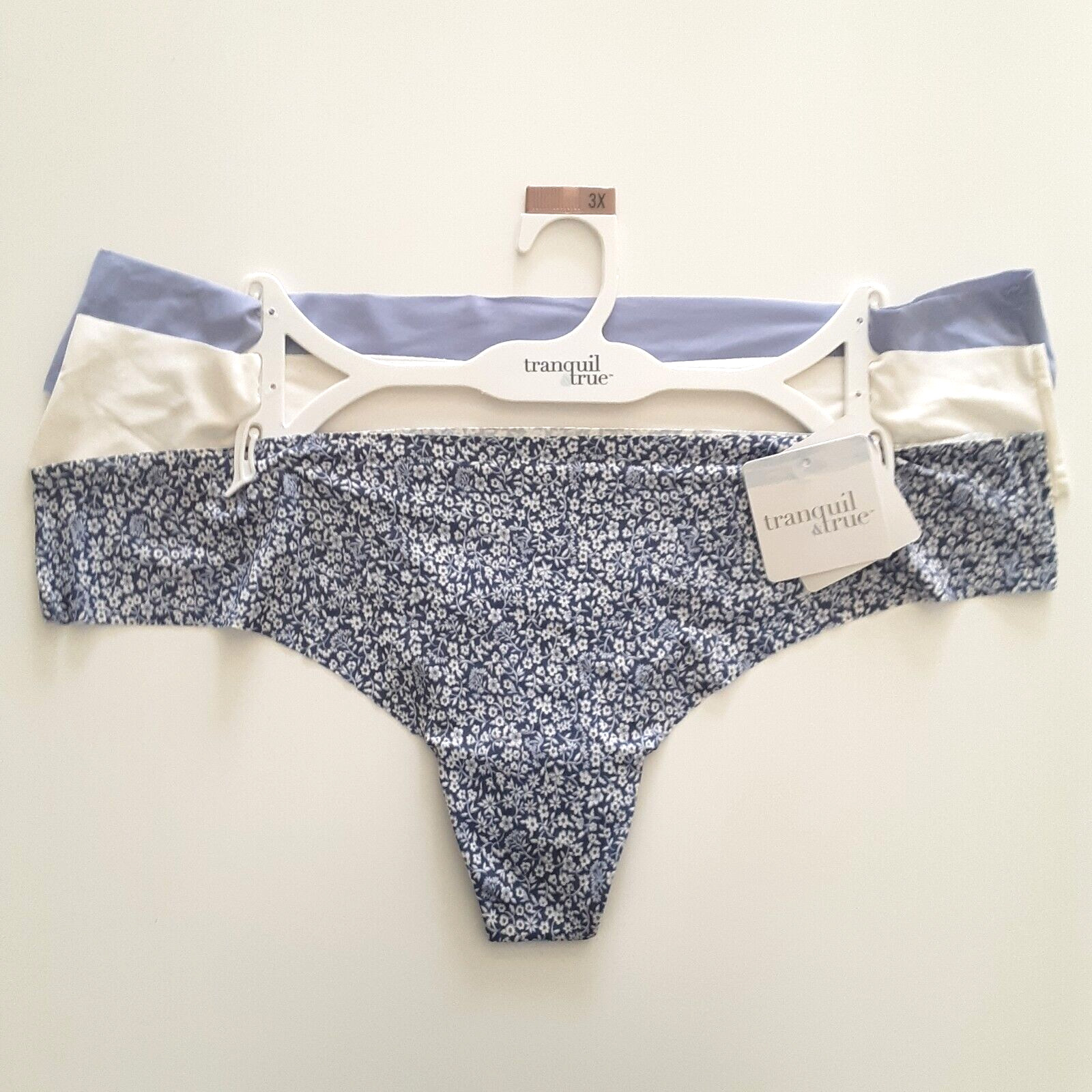 Tranquil & True Womens 3X Thongs Matte Microfiber Blue Floral Ivory Purple 3 PK