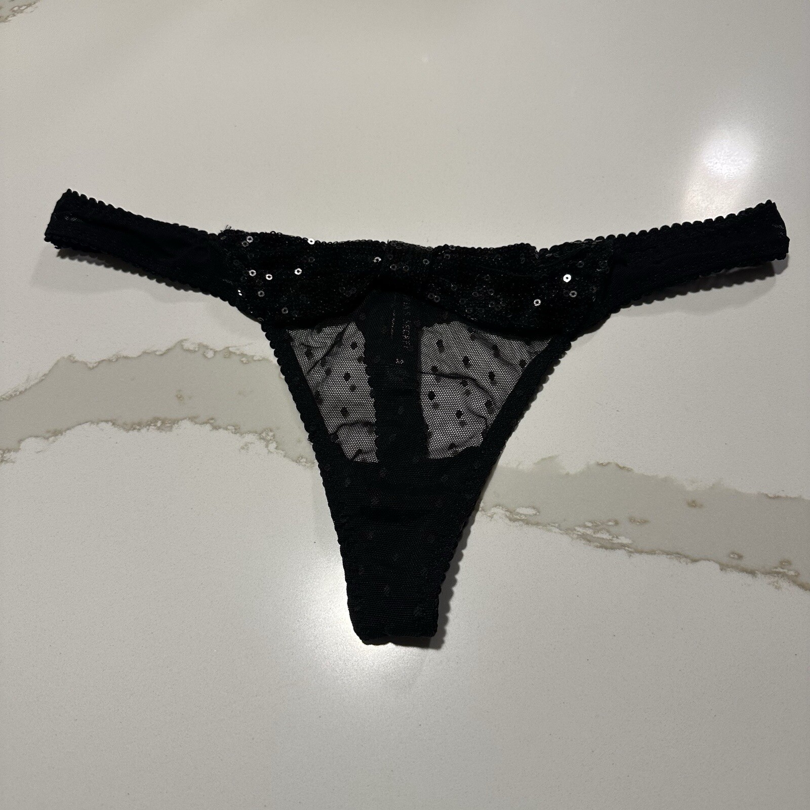 Victoria’s Secret Sexy Little Things Sequin Bow Polka Dot Mesh Thong Small Black