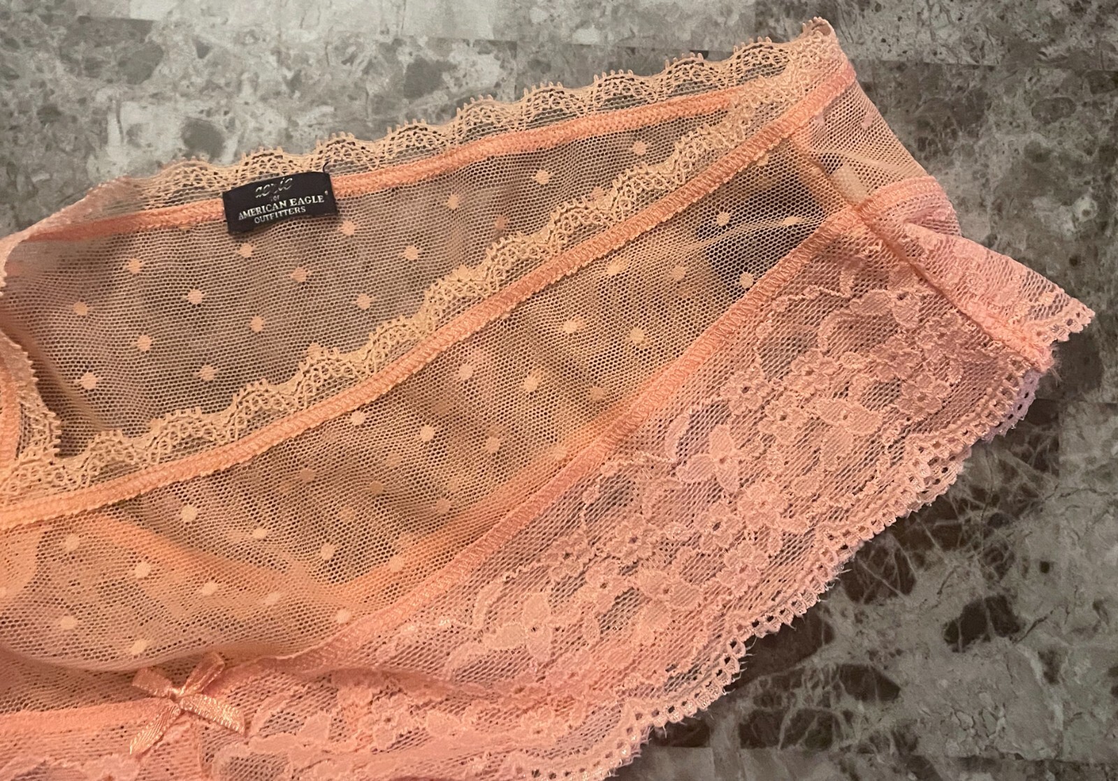 AMERICAN EAGLE AERIE S PEACH CORAL DOTTED MESH LACE RARE CHEEKY TANGA PANTIES