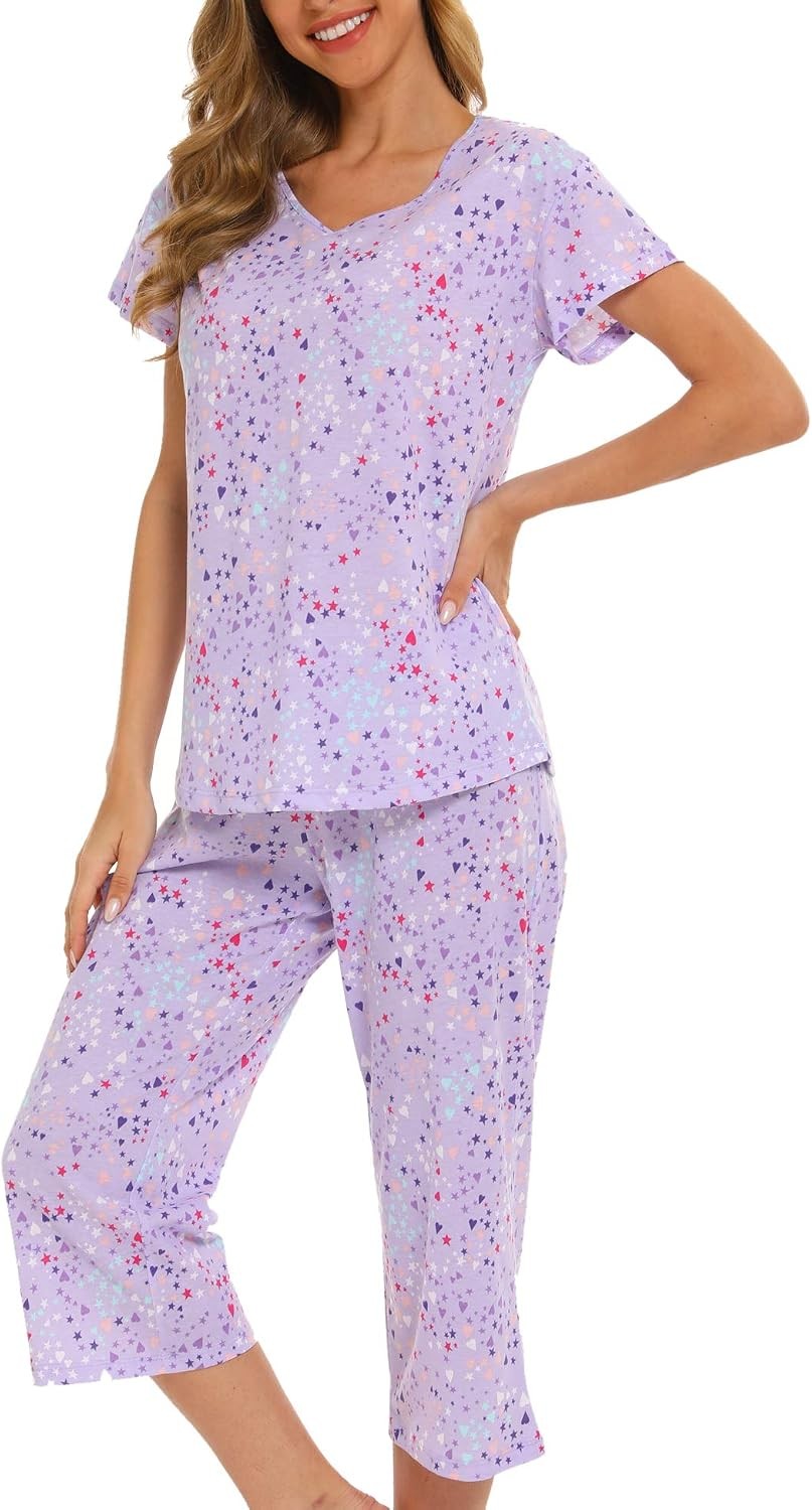 ENJOYNIGHT Womens Pajama Sets Cotton Summer Pjs Tops with Capri Pants Sleepwear