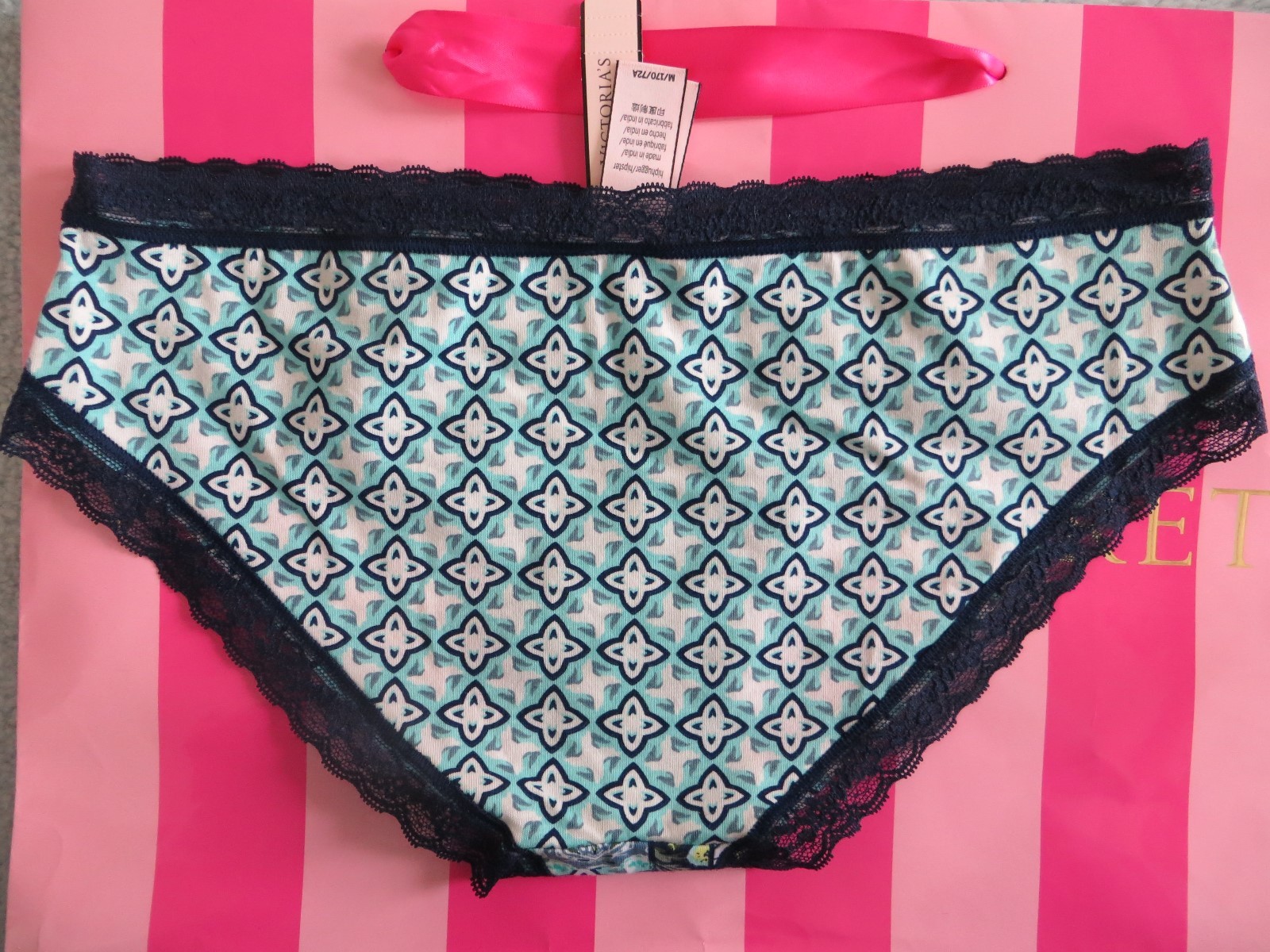 NWT -Victoria Secret lace waist hiphugger – aqua splash geo patchwork print – M