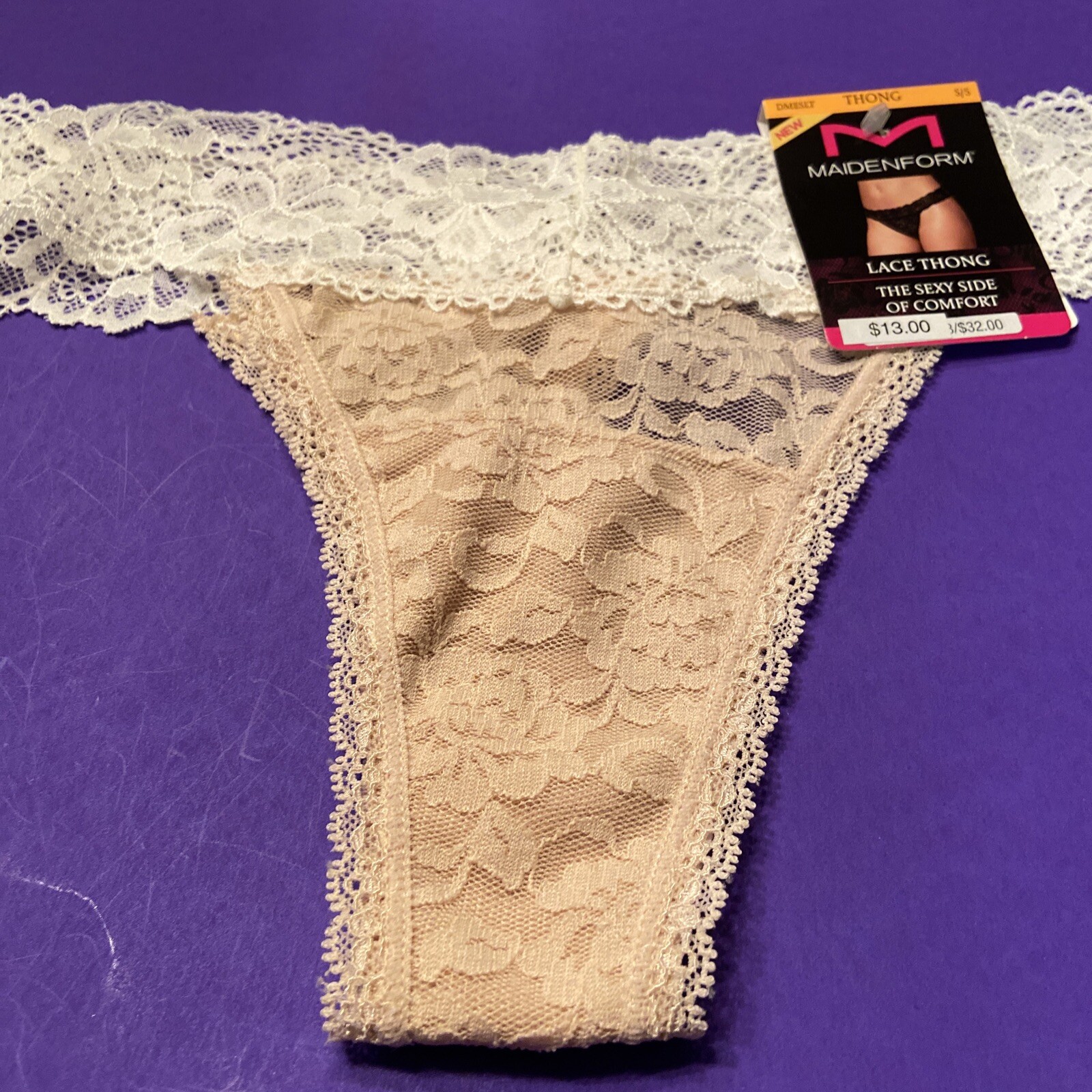 NEW! 2 PAIRS MAIDENFORM NUDE/WHITE LACE THONG PANTIES / Small / Size 5 / $26