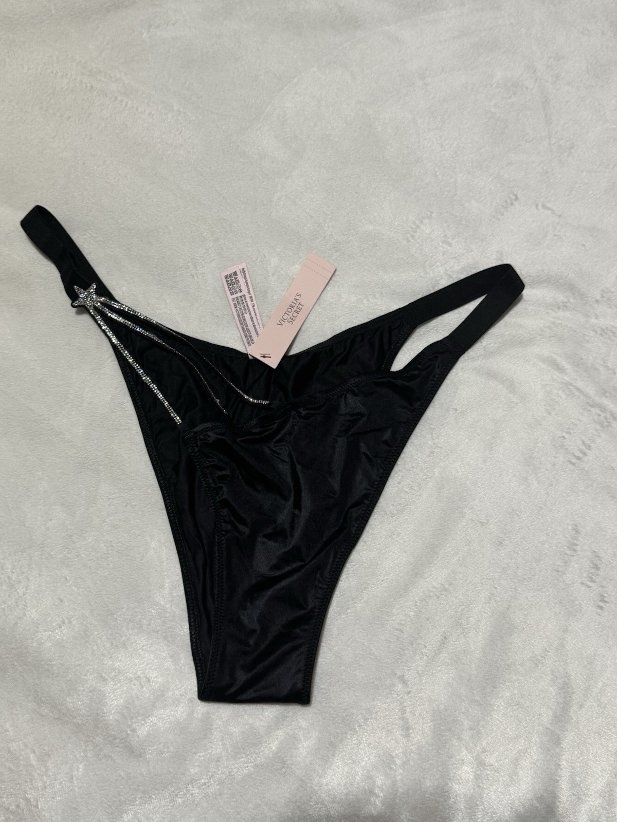 Victoria’s Secret Black Shine Strap Thong Panty XL Star Rhinestone NWT
