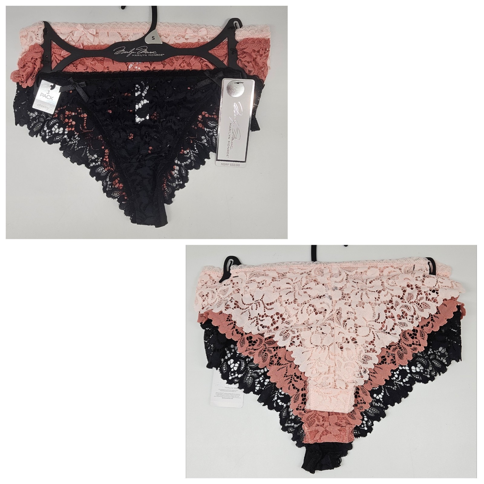 MARILYN MONROE 3 Pack Women’s S M L Lace Cheeky Nylon Panties Pink Brown Black