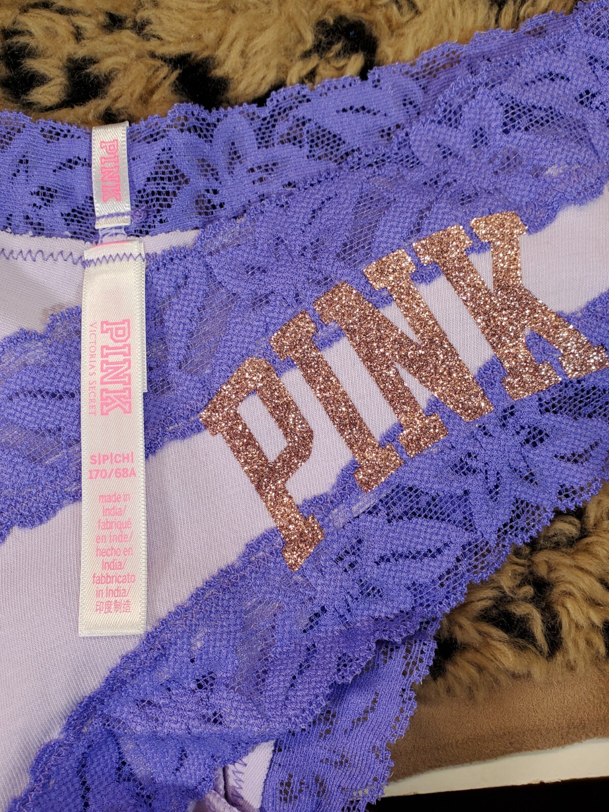 Victoria’s Secret PINK Gold Glitter Logo Purple Lace Cheekster S Sexy