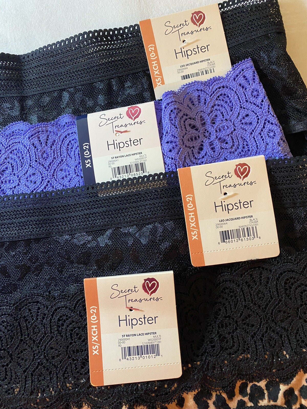 NEW Secret Treasures XS Hipster 4 Pair 2-Rayon Lace & 2 Jacquard Black & Multi