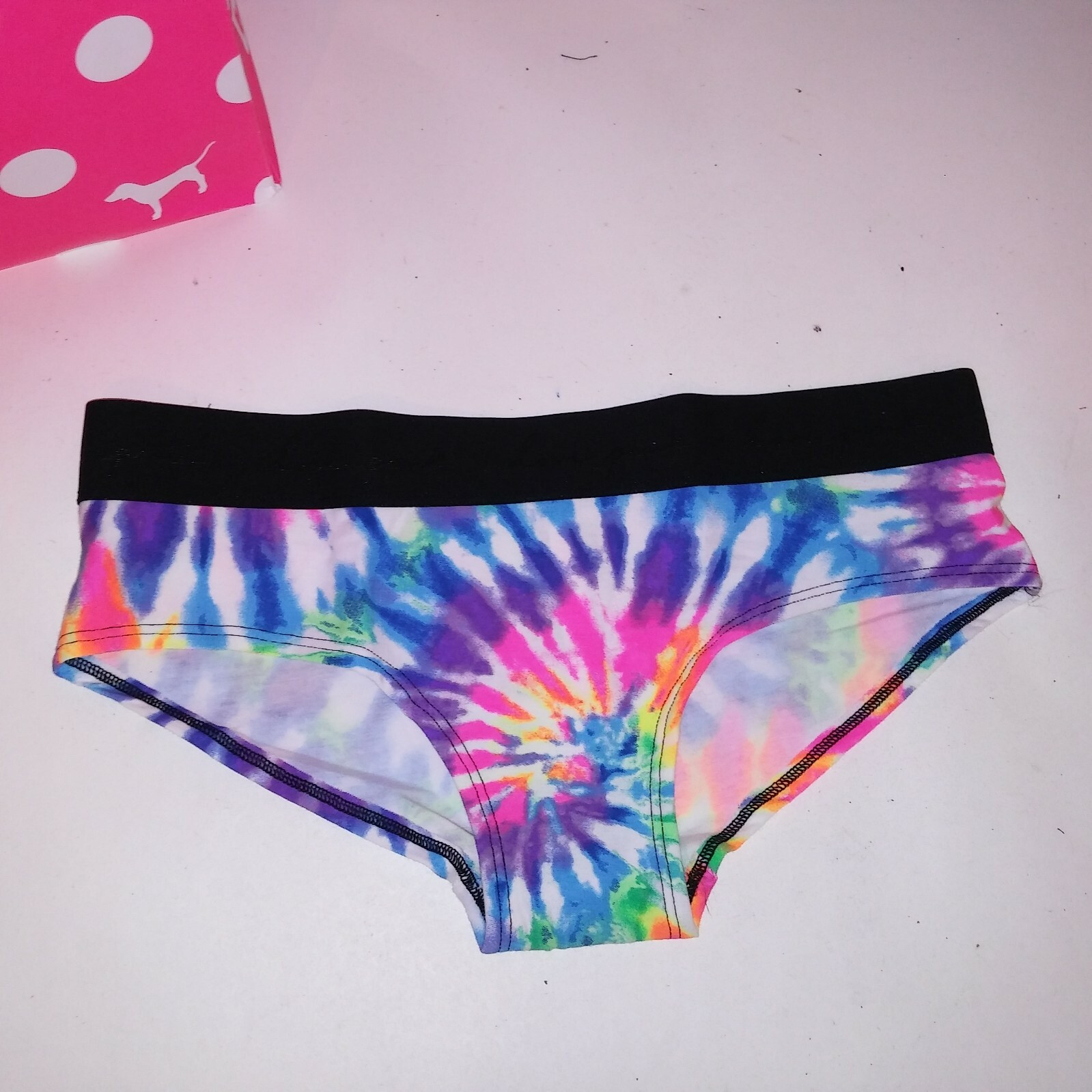 Victoria Secret PINK Panty Hipster Rainbow Tie Dye Banded Logo Trim New