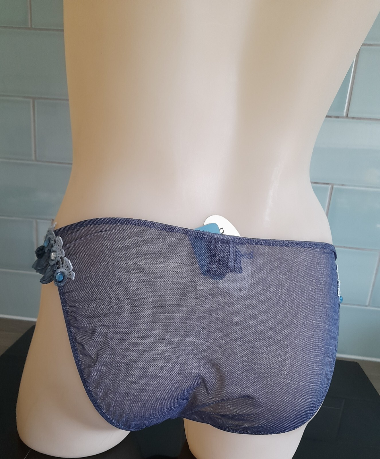 Janet Reger London Sheer Blue Denim Mesh Hipster Brief Lace/Jewels/Ruffles