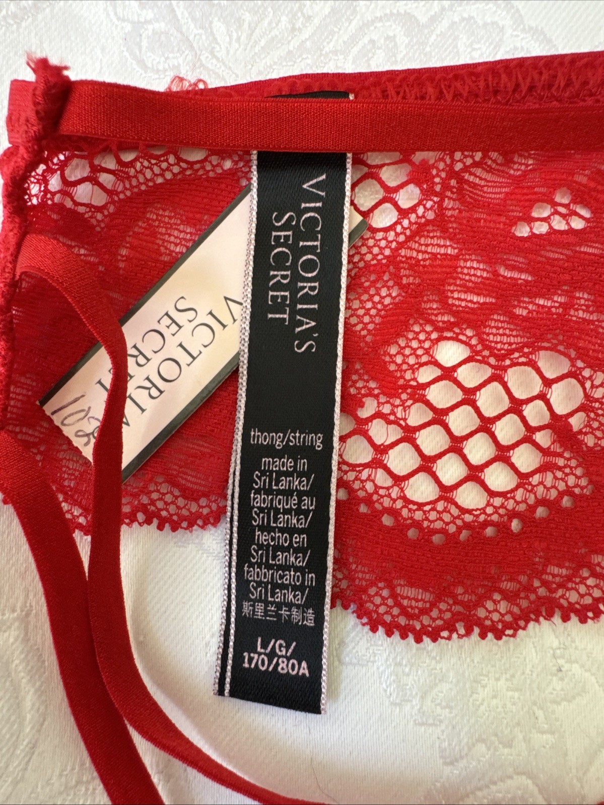 VICTORIA’S SECRET L RED SILKY & LACE STRAPPY BACK STRING CUT OUT PANTIES NWT