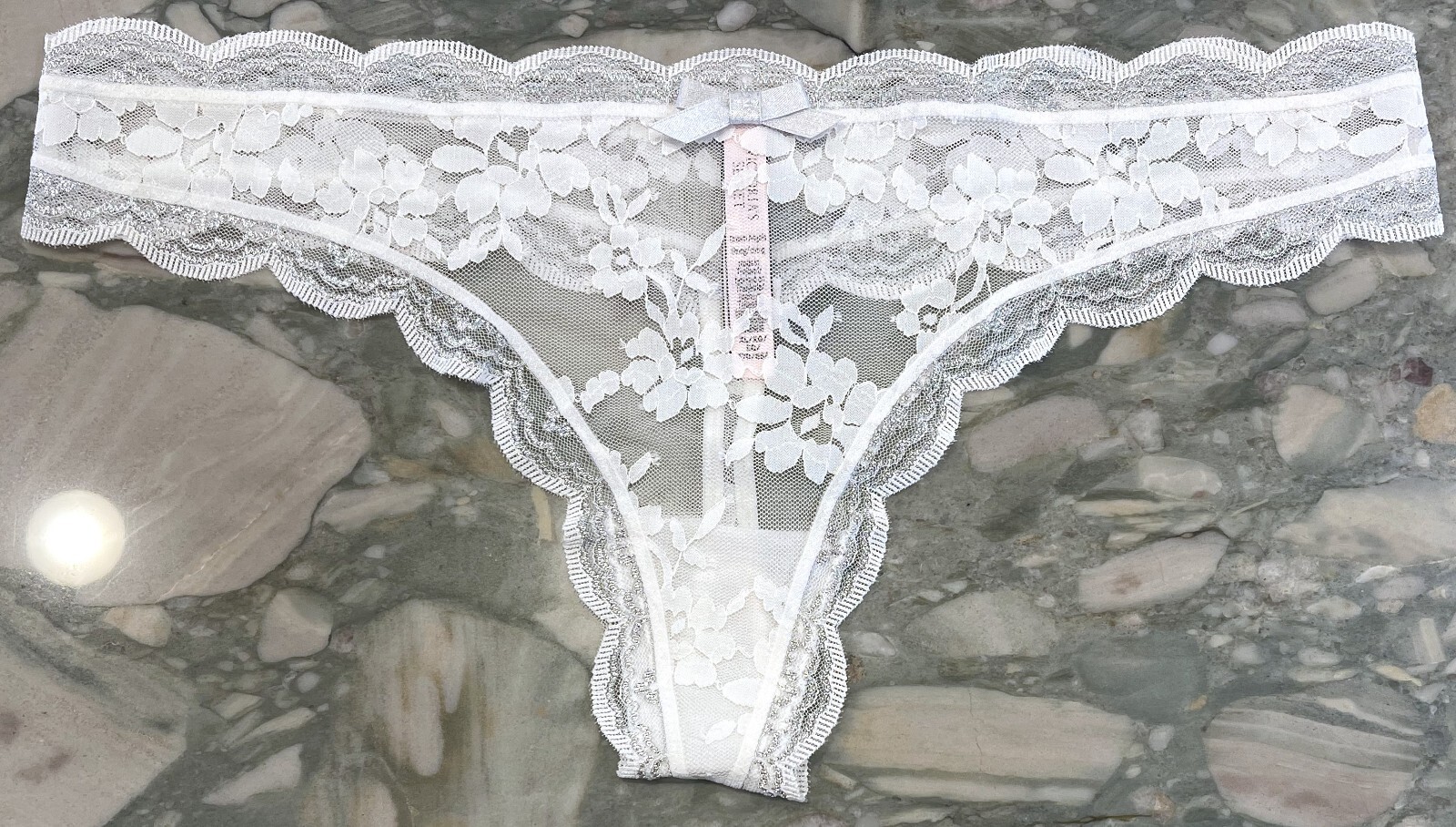 NEW Victoria Secret Dream Angels Scalloped Lace Thong – Coconut White Silver XL