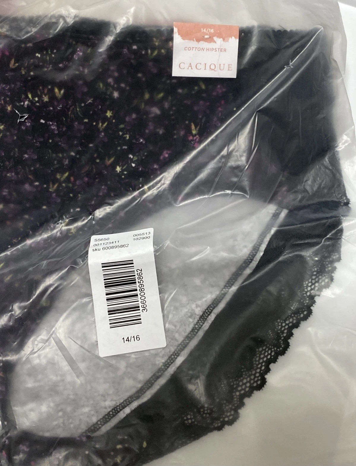 NWT Cacique Hipster Panty Lace Trim Back Plus Size 14/16 XL Black Purple Floral