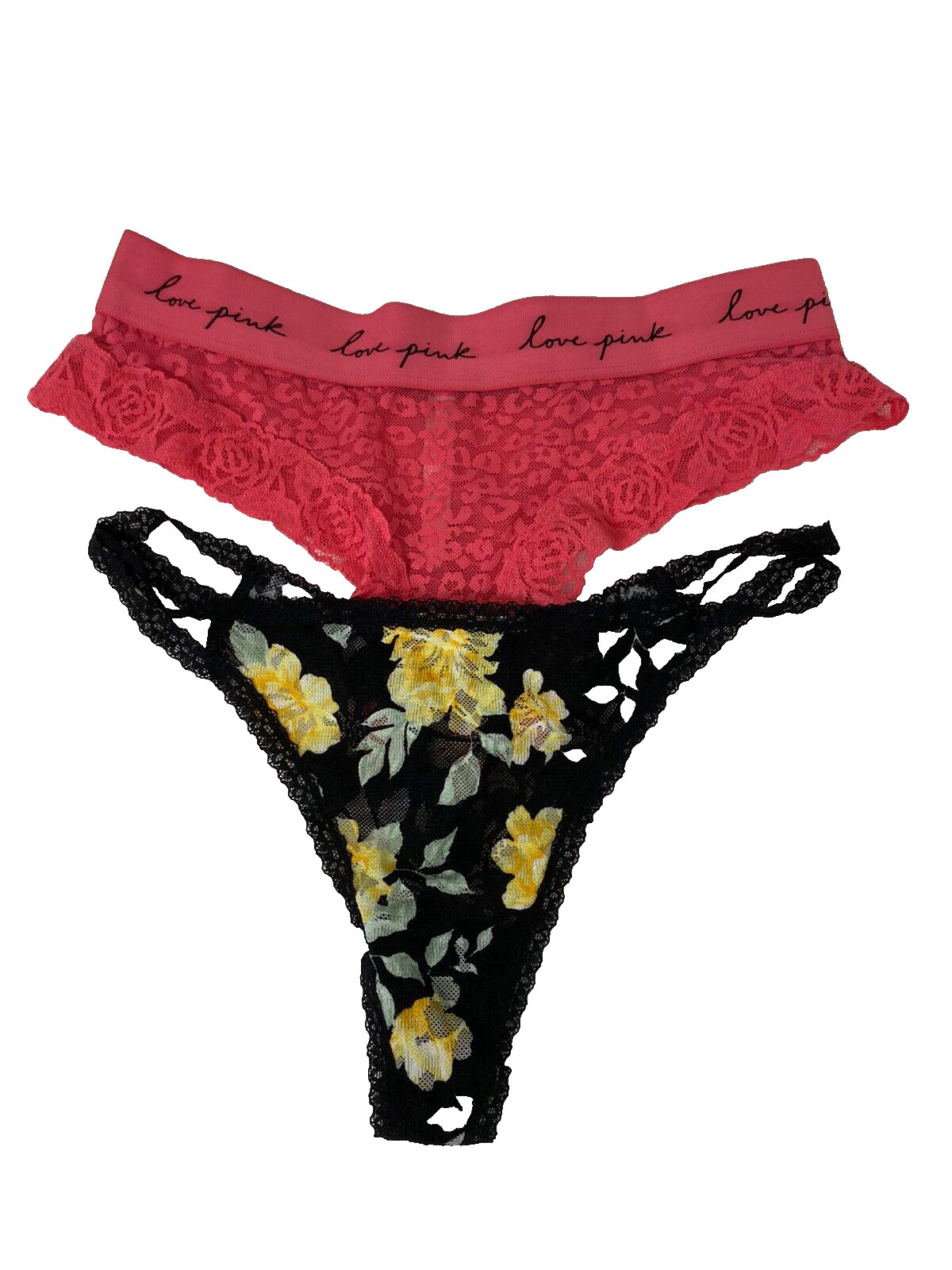 2 VS PINK Floral Lace Strappy Thong Panty Multicolor Floral Size S/M Black