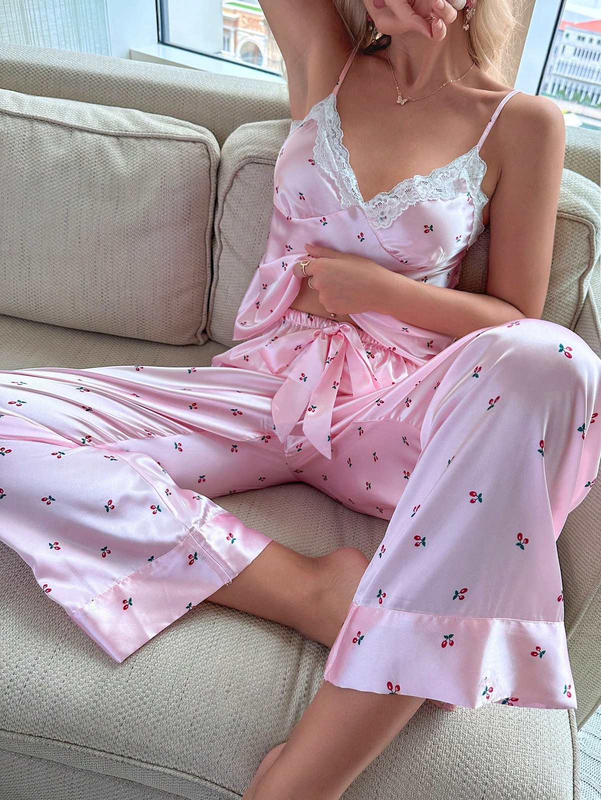 Softscene Cherry Print Satin Strappy Top and Pants Pyjama Set Ladies Cheap24