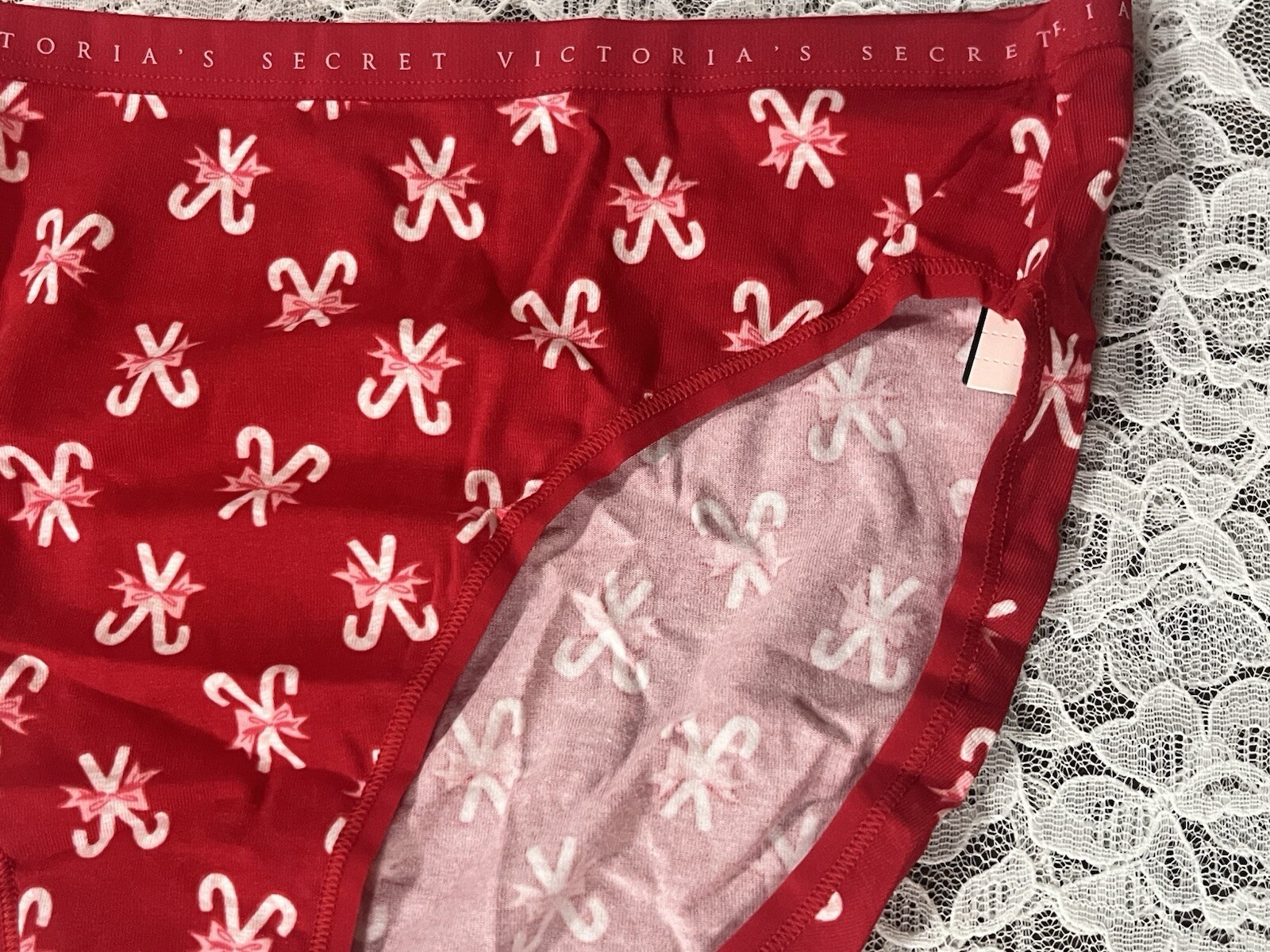 Victoria’s Secret Brief Red Candy Cane Panties Logo Waist Size Large