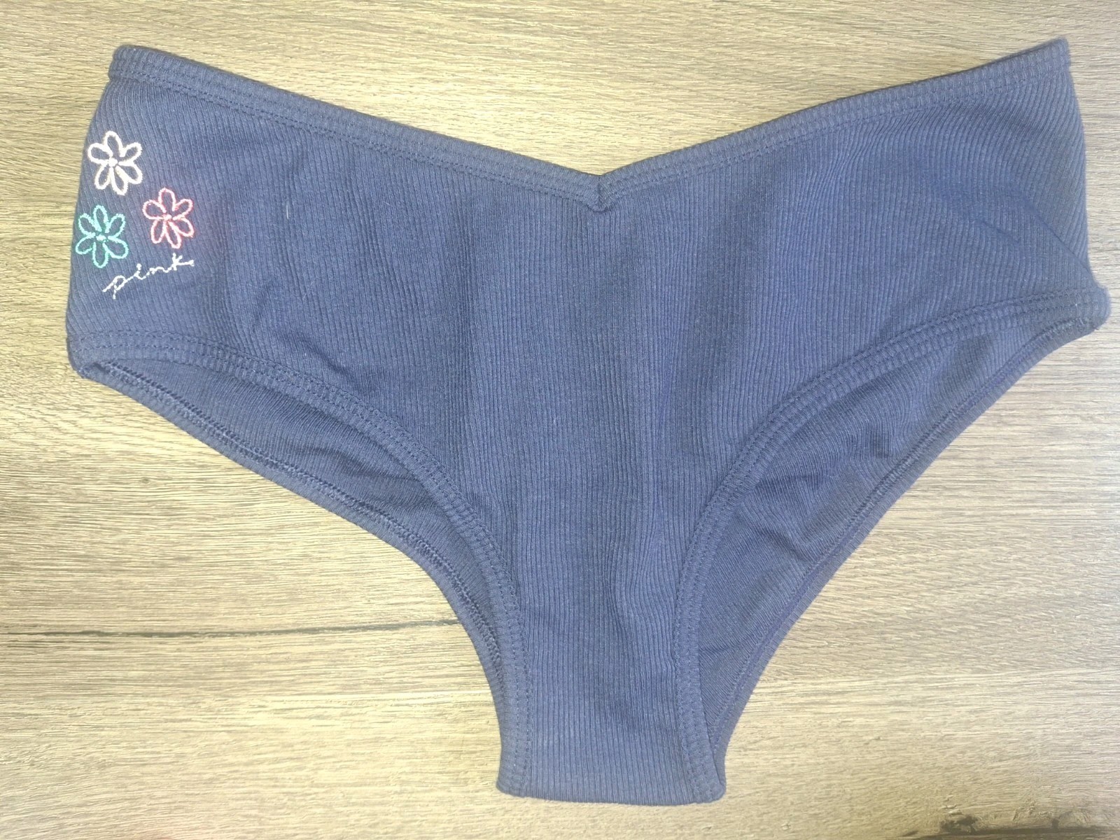 VS pink Embroidered ribbed cheekster Panty NEW SIZE medium Navy Floral Logo