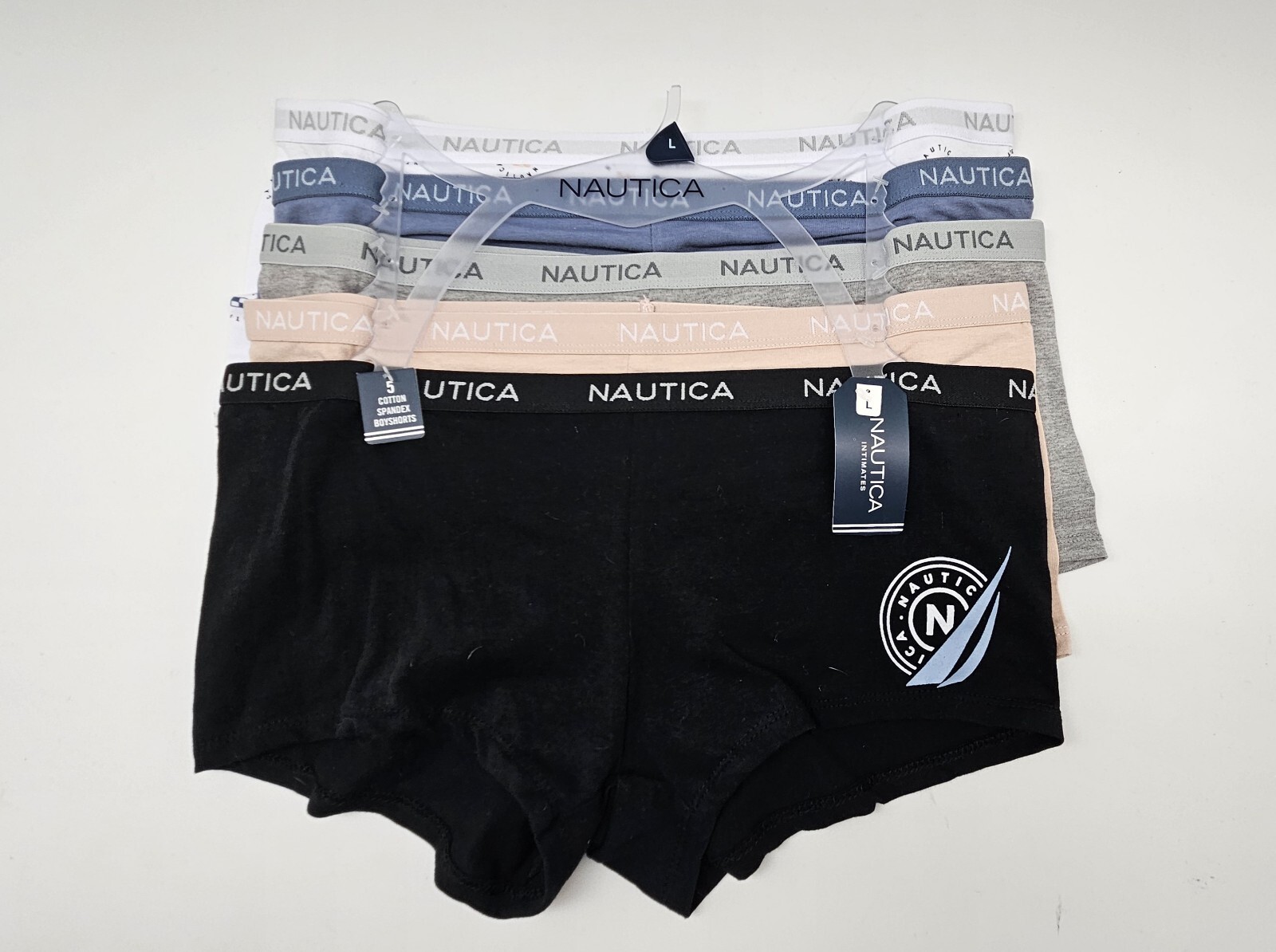 NAUTICA 5 Pack Women’s L XL Cotton Logo Boy Shorts Blue Gray Beige White Black