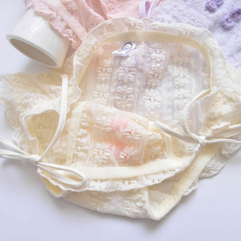 3pcs Womens Panties Ruffle Frilly Panties Bow Deco Straps Side Tie Panty Korean