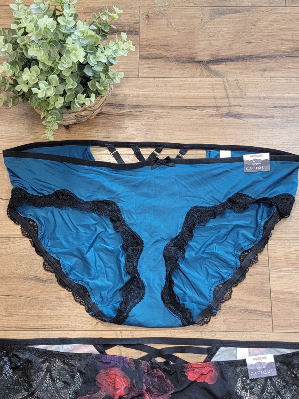 NEW Cacique 18/20 Hipster Panties Teal Black Floral Lace Underwear Undies Set 2