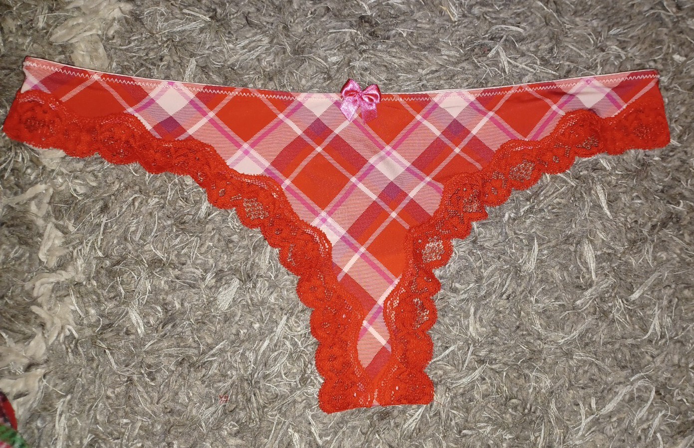 Adore Me/VS Lace Trim Thong Panty NEW Large Red Plaid