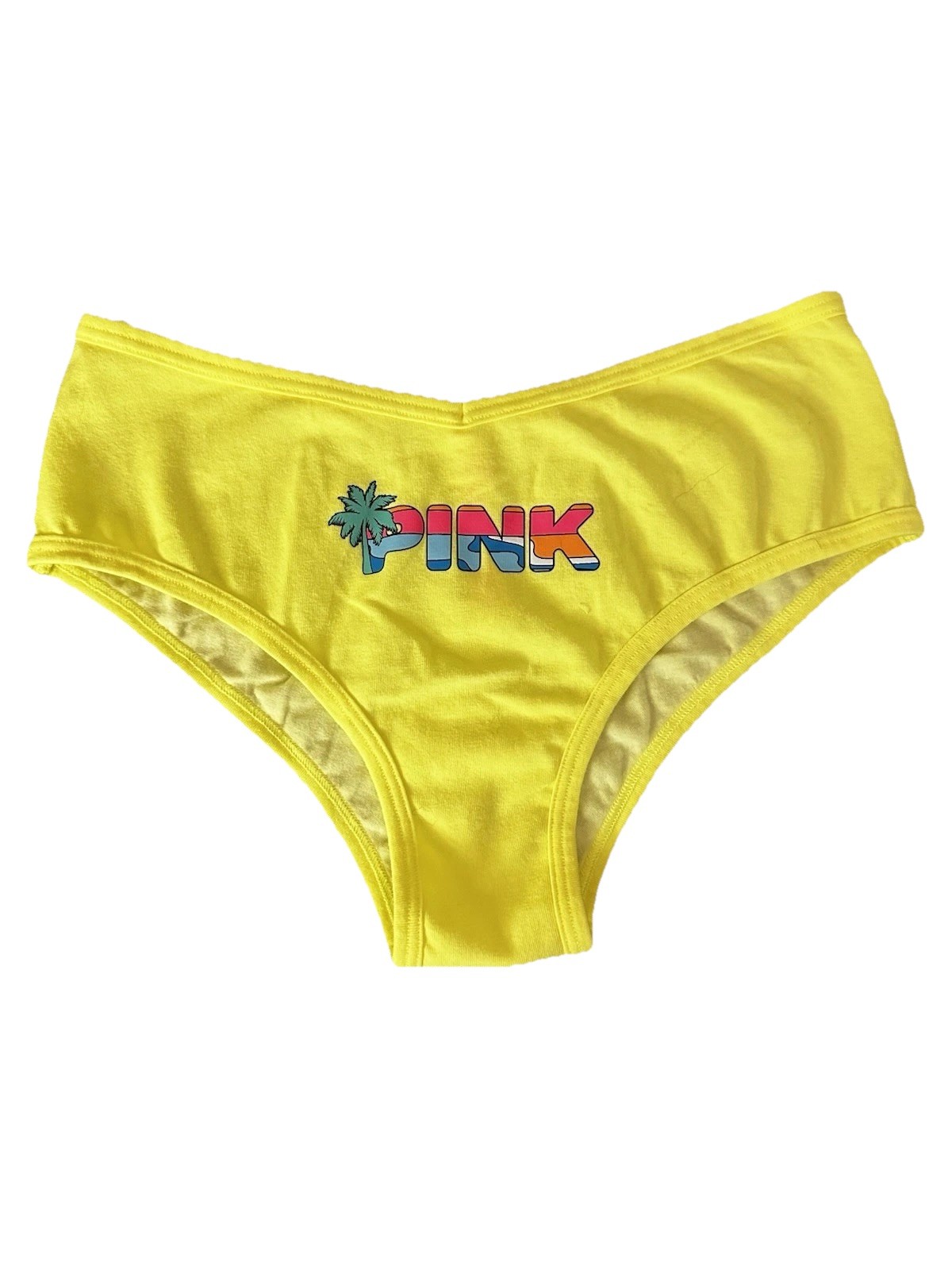 Victoria’s Secret PINK Logo Bikini Panties Women’s M Yellow Palm Graphic Cotton