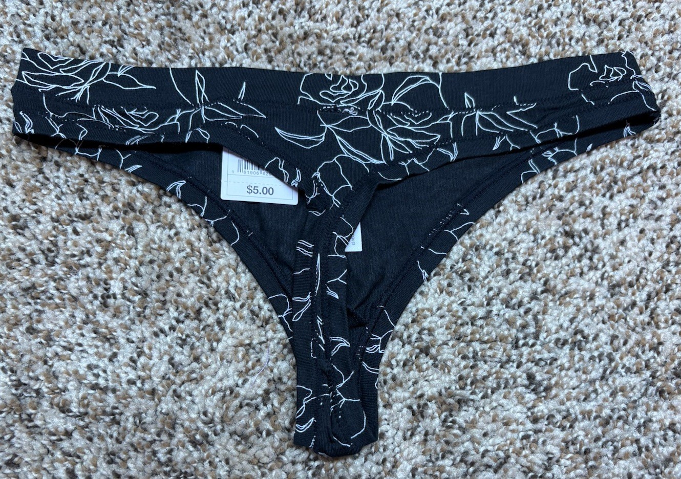 Auden Black Sketched Floral Cotton Blend Thong. Size: S (4-6).