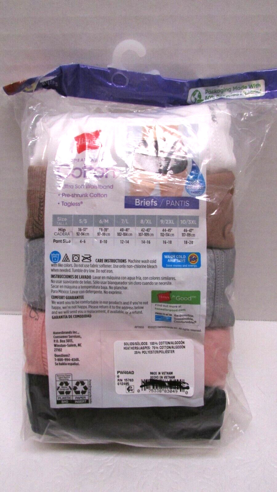 Womens Hanes PW40AD 9-Pack Cotton Tagless Brief Panties Multicolor Size 6/M