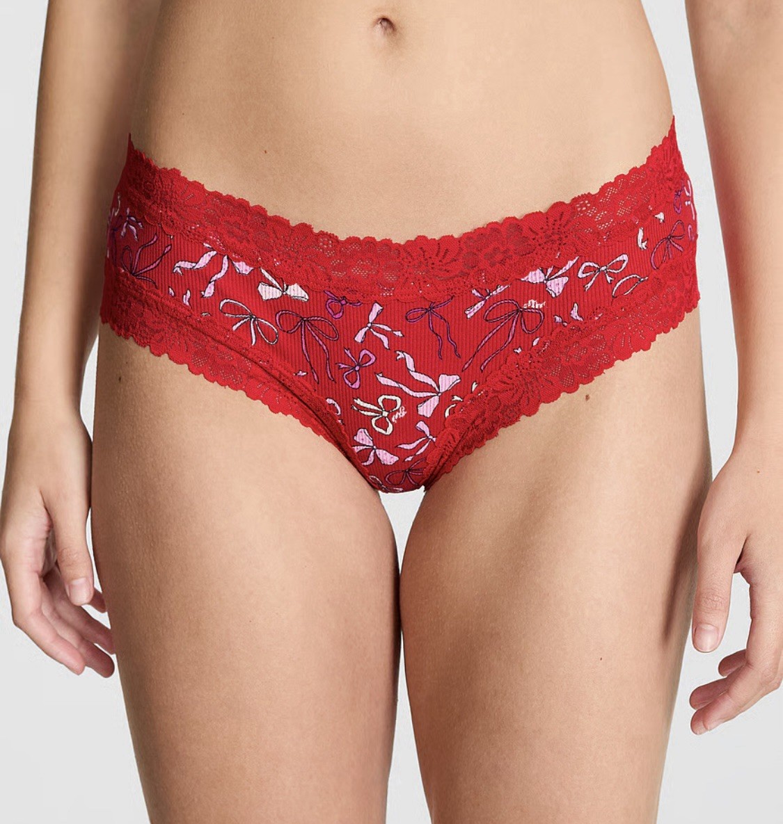 Victoria’s Secret PINK NWT M Red Hearts Lace Trim Cheeky Panty Wink Bow Ribbons