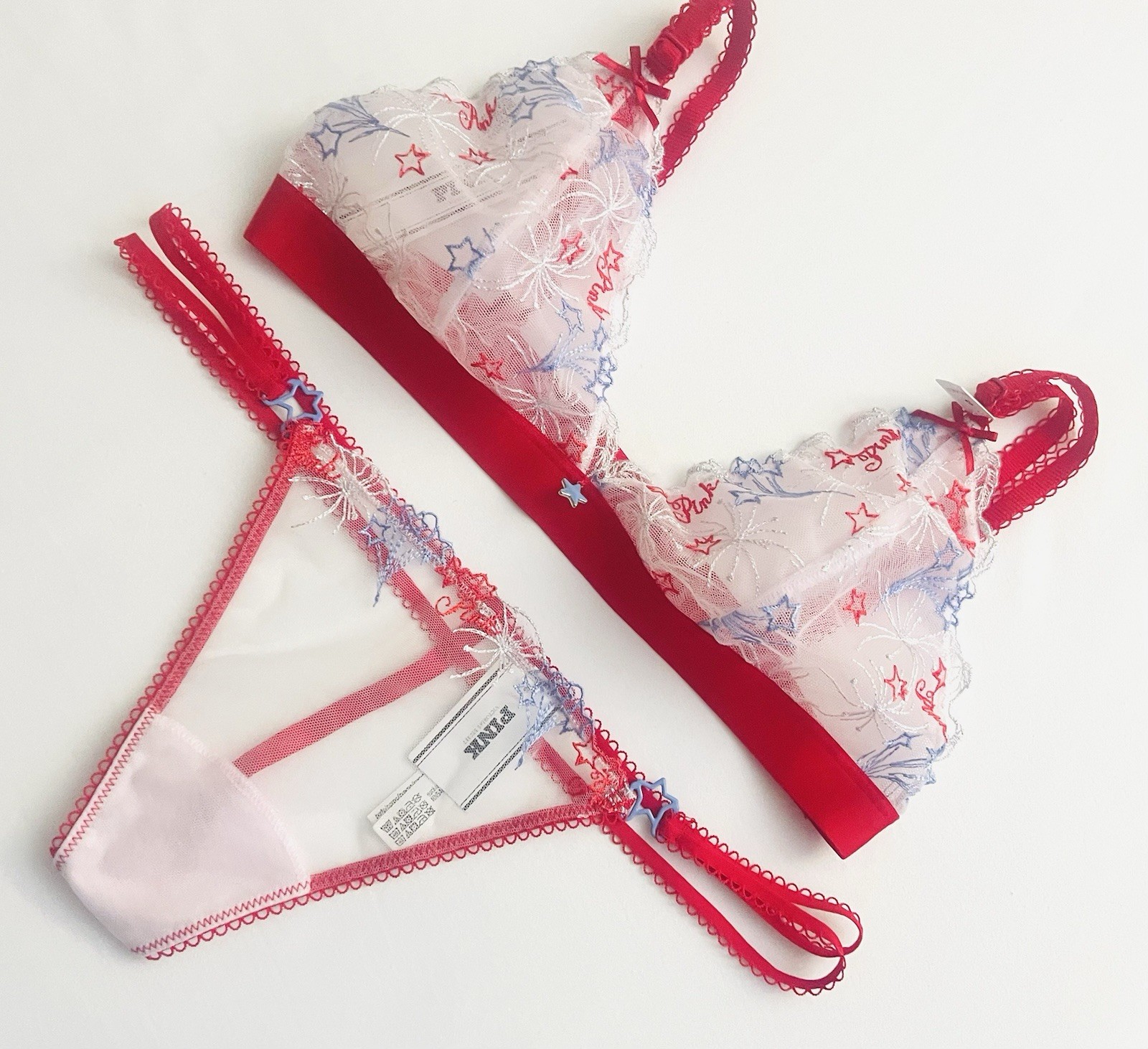 Victoria’s Secret PINK Fireworks Star Embroidered Bralette XS Panty Small Set