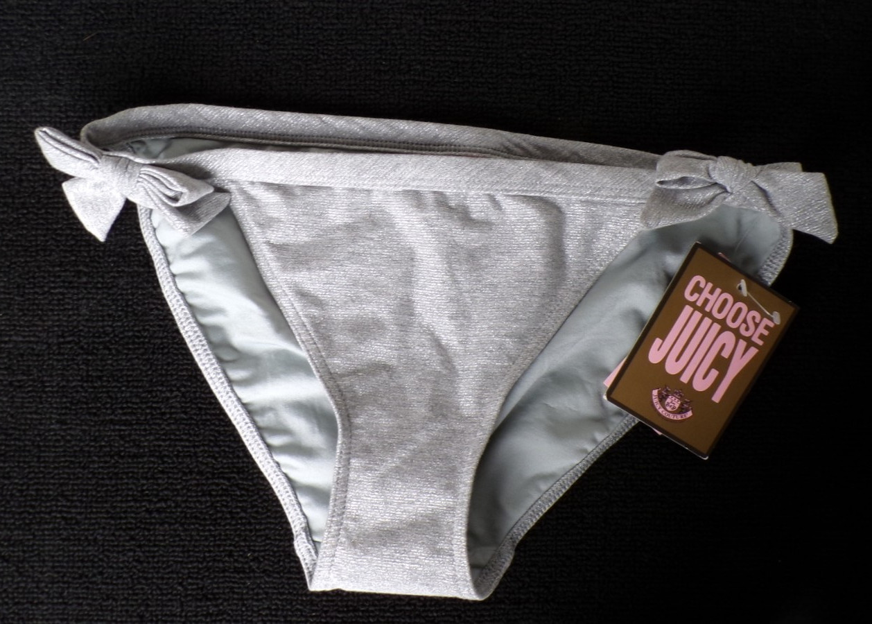 NWT Large Juicy Couture Y26464 Cozy Shiney Silver Bow Bikini Bottom Only