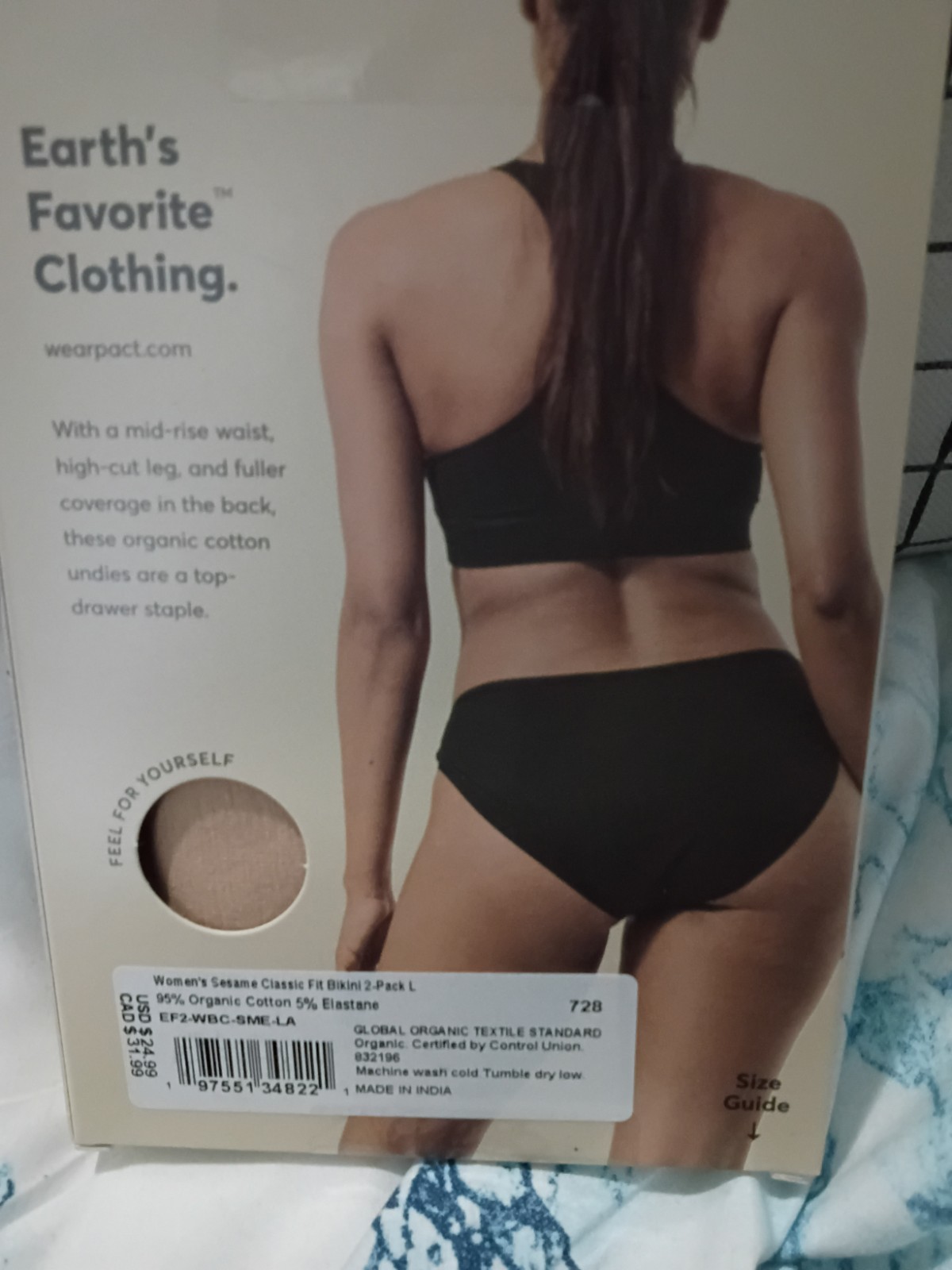 Pact Organic Cotton Classic Fit Bikini Underwear 2-Pack Large Sesame NIB