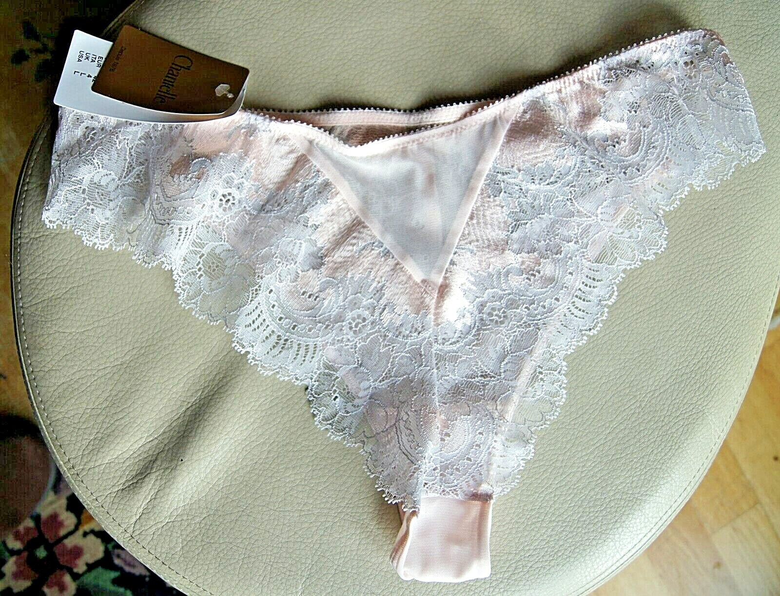 Chantelle Peach/Grey “Haut Couture” Lace/Brocade Tanga Style 3429/8E