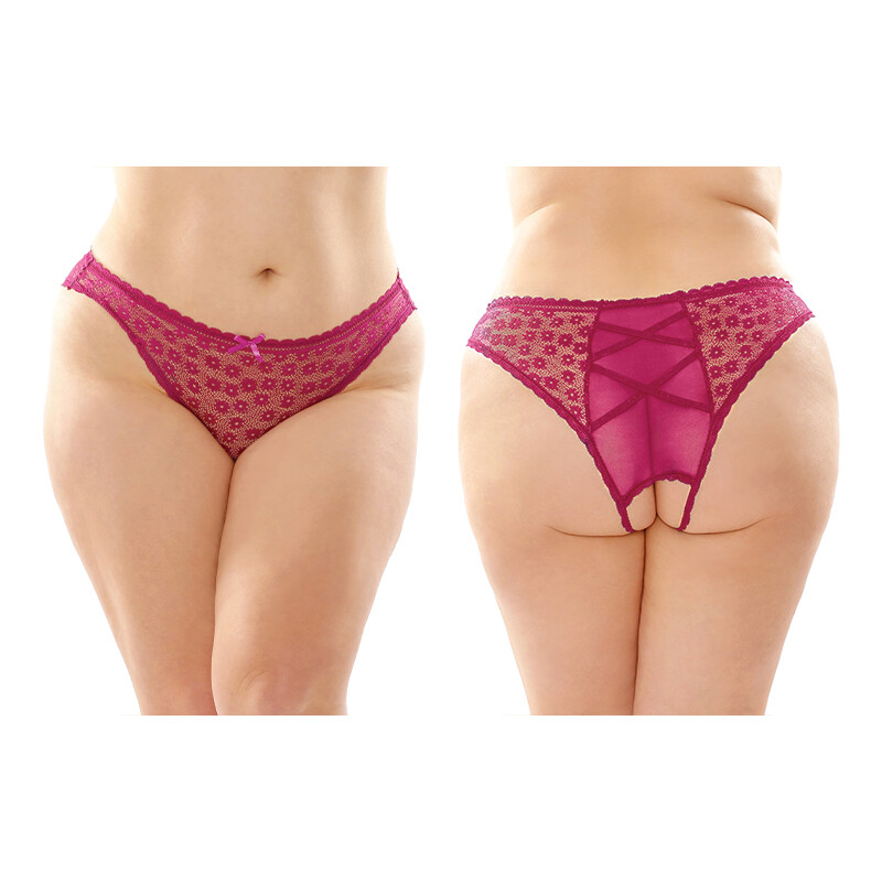 Crotchless Lace & Mesh Panty Criss-Cross Panel Back 6-Pack Berry Queen Size