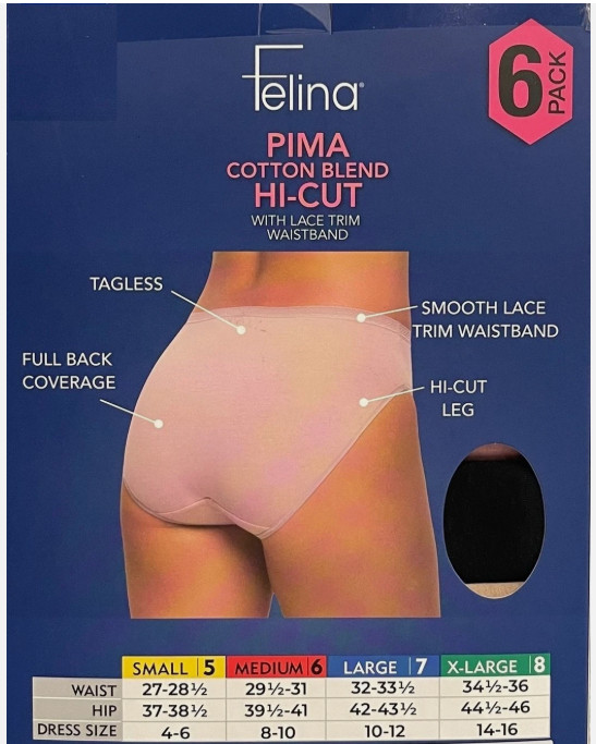 NEW Felina Women’s 6 Pack Pima Cotton Blend Hi-Cut Lace Trim Panties Size Small