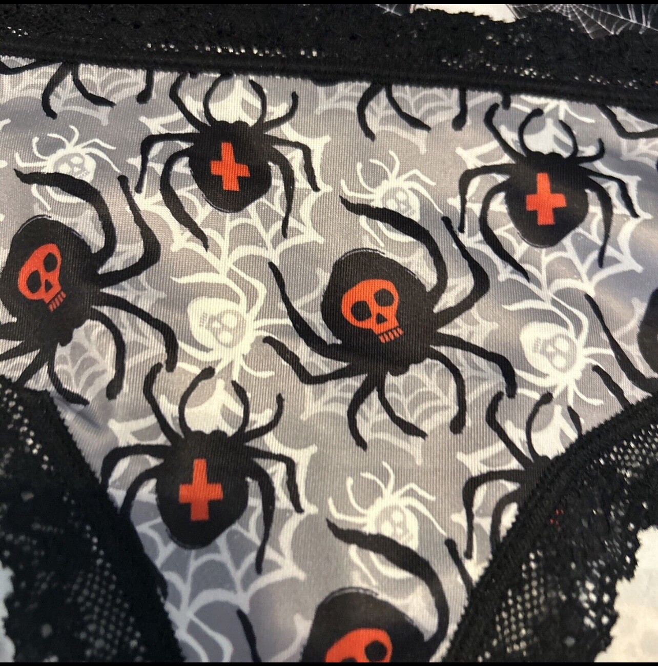 Morvia 3pk lace trim Skater goth Skater Emo panties L Skulls Spiders, Web & Bats