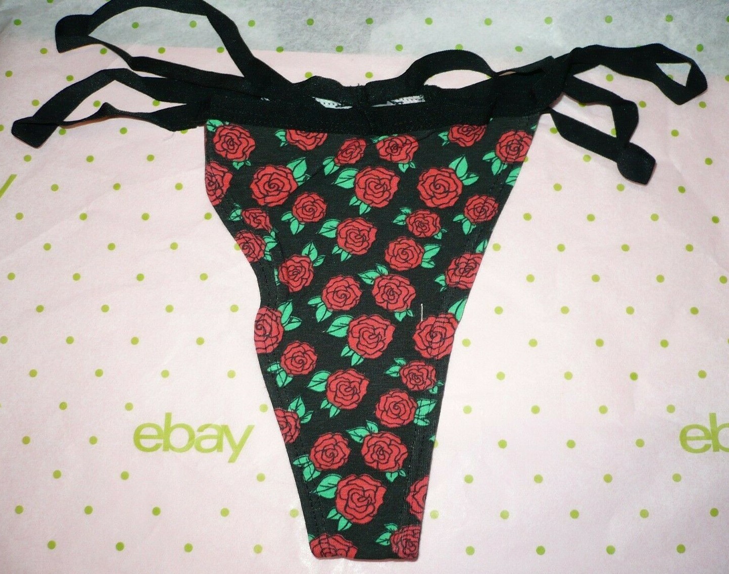 Rue 21 Women’s Thong Panties LARGE W Strappy Sides Black With Roses NEW