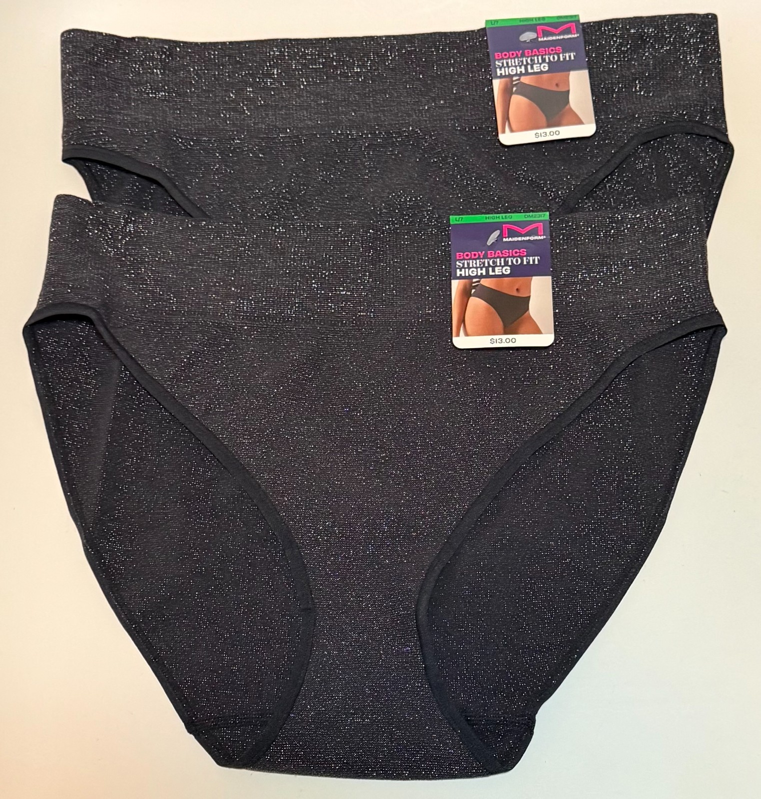 NWT 2 Maidenform High Leg Panties DM2317 Black/Silver Size 7/L