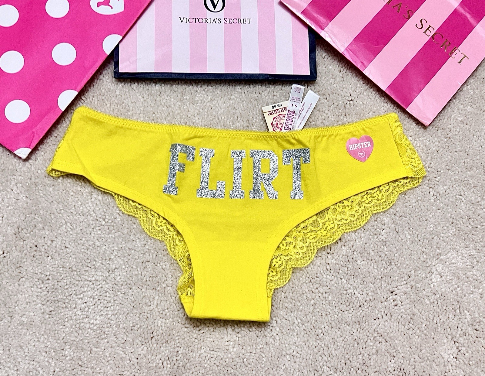 NWT S Victoria’s Secret PINK Yellow Silver FLIRT lace Back Hipster Panties Small