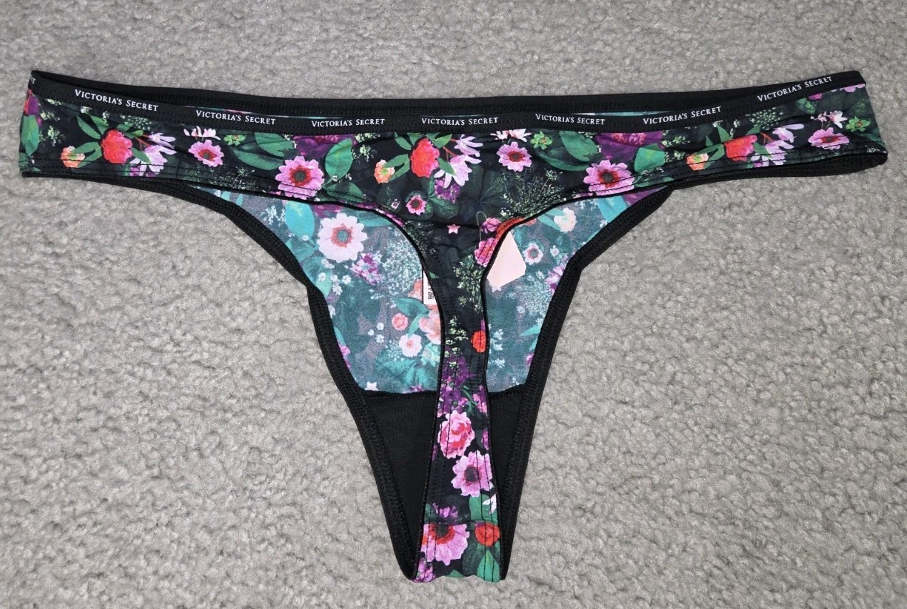 VICTORIA’S SECRET Floral Satin Logo Thong Pantie Multicolor Large