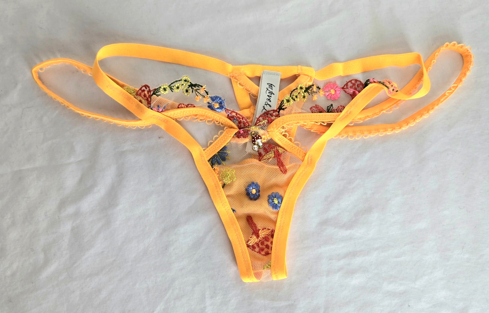 New XS For Love & Lemons Meadow Mushroom Embroidered Thong Orange Strappy Panty