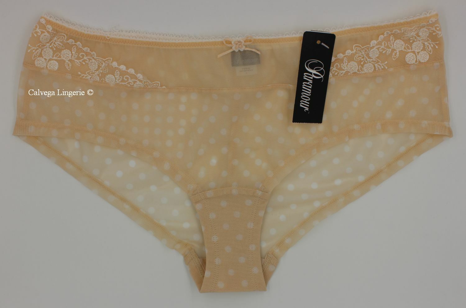 NWT Paramour 735702 “Sweet Revenge” Mid-Rise Mesh Boyshorts, Beige Polka Dot