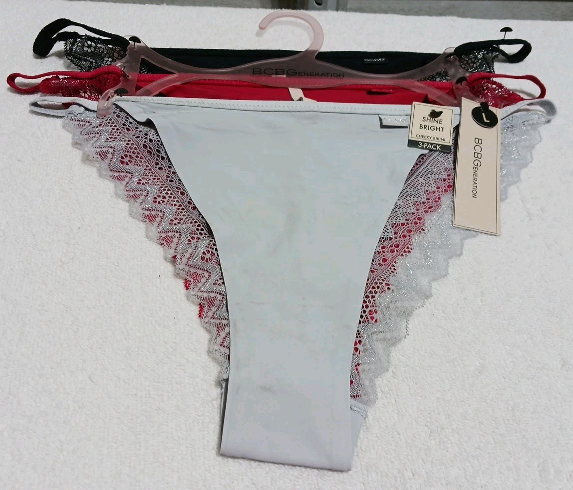 Bcbgeneration Womens Bikini Panties Size L Red White Black 3 Pair Lace String