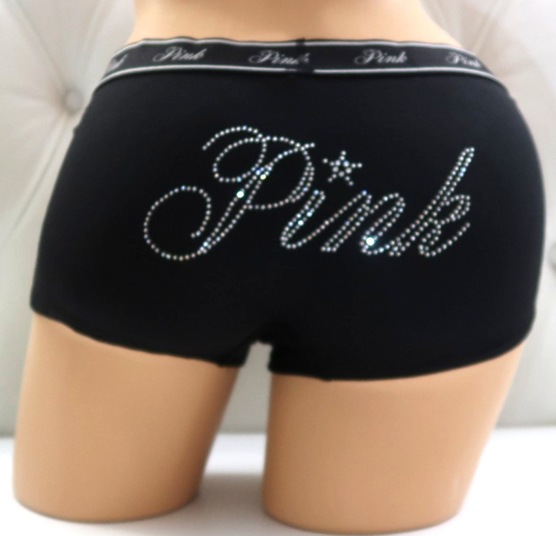 Victoria’s Secret PINK Logo Boyshort Black Diamante Rhinestone Shine M L XL XXL