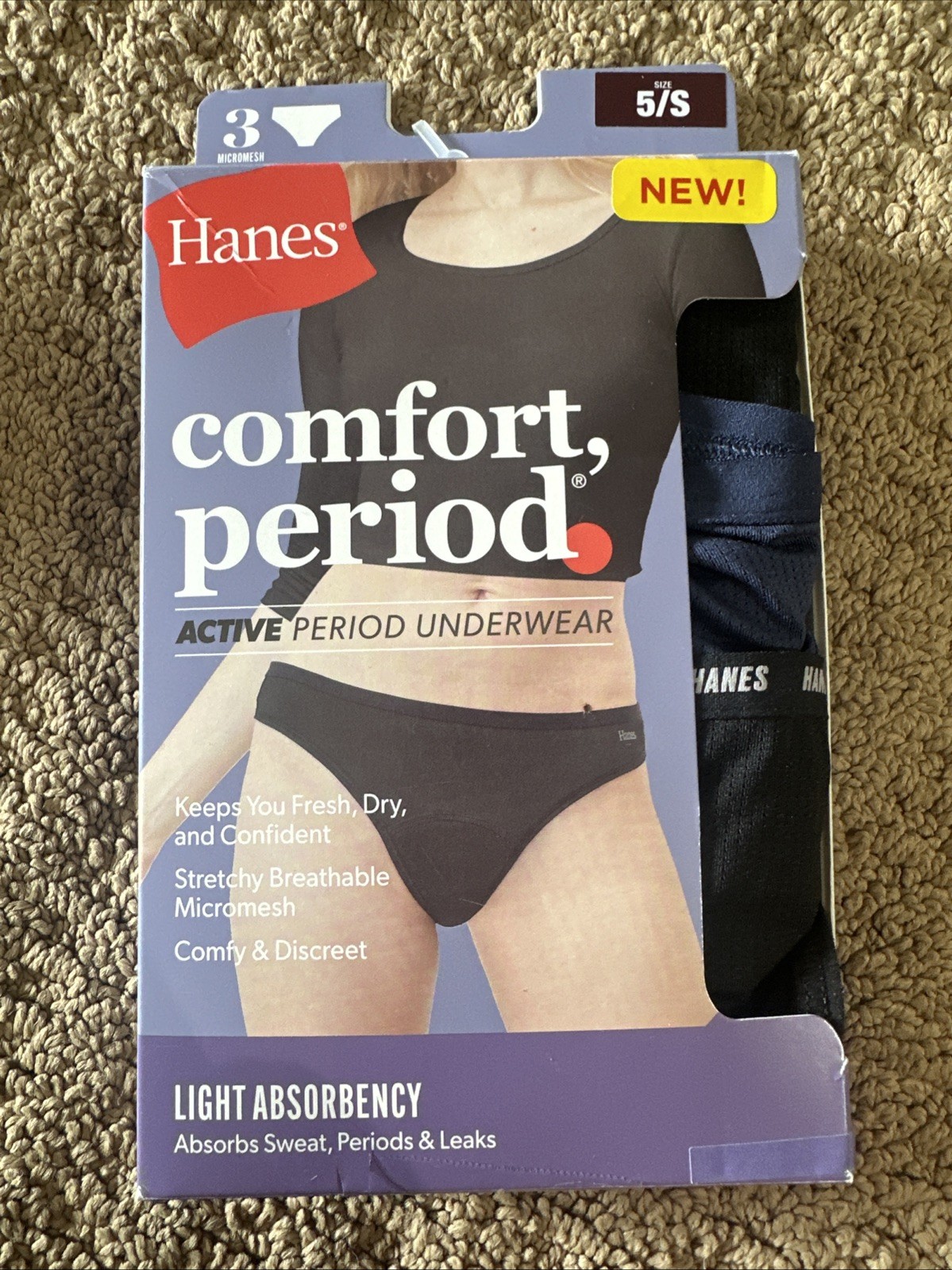 Hanes Comfort Period Thongs Womens 6/M Micromesh Light Absorbency 3 Pack
