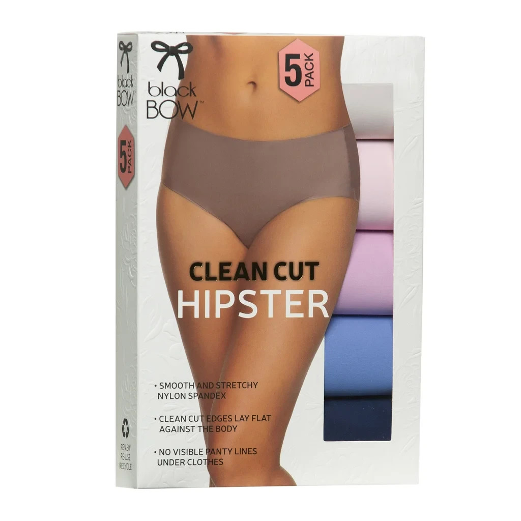 Black Bow Women’s Underwear Clean Cut Hipster Large 5Pk No Panty Lines Multi Col